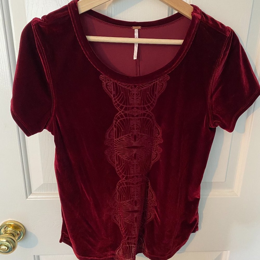 Free People Deep Red Velvet Subtle Pattern Top